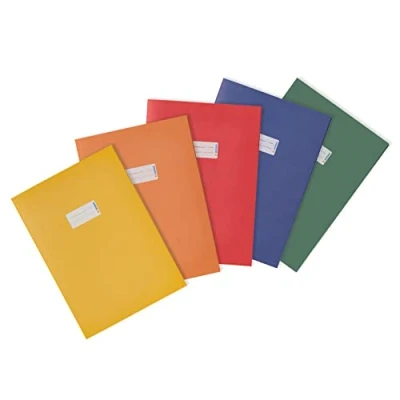 Image of HERMA Paper Exercise Book cover A4, with inscription field, made of 100% recycled paper, slip on jackets for school, pack 5, assorted colours