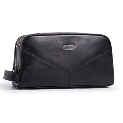 Image of Contacts Genuine Leather Toiletry Bag Zipper Dopp Kit Travel Handbag Clutch Overnight Wash Gym Shaving for Men/Women Black