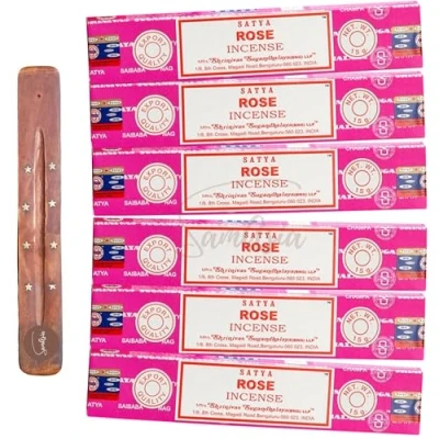 Image of Satya Nag Champa Rose incense sticks x6 pack with SAMASIA holder Used for Aromatherapy, Spa, Yoga, Weddings, Meditation, Healing, Positivity and Relaxation