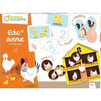 Image of Avenue Mandarine Ref JE516C Educ&#039;Avenue &quot;The Hen Party&quot; Educational Game Collection Puzzles, Lotto, Memory Games &amp; Cards Included Suitable for Ages 3+