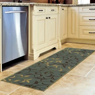 Image of Ottomanson Ottohome Collection Contemporary Leaves Design Rubber Back Runner Rug, 50 cm x 150 cm, Seafoam