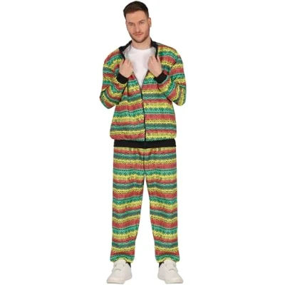 Image of FIESTAS GUIRCA 90s TV Prince Tracksuit Mens Fancy Dress Costume Jamaican Reggae Shell Suit 80s Colourful Jogging Men Size M 38 40