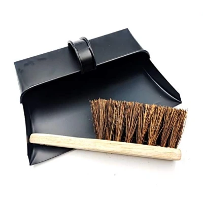 Image of Black Hooded Metal Dust pan and Stiff Brush Dustpan ash Traditional