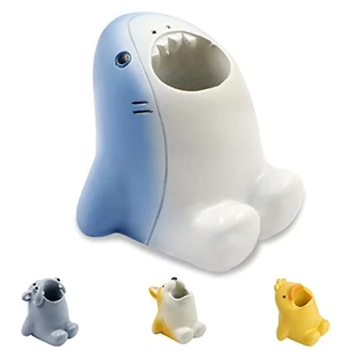 Image of Cute Cartoon Toothbrush Holder for Kids, Fun Resin Pen Pencil Holder, Mini Animal Single Tooth Brush Stand, Creative Bathroom Organizer Storage Vanity Countertop, Office (Shark)