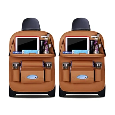 Image of Ergocar Car Back Seat Organiser Kick Mats Luxury PU Leather with Foldable Tablet Holder Organisers Storage Multi Function Protector for Long Trip and Family (Brown 2 Pack)
