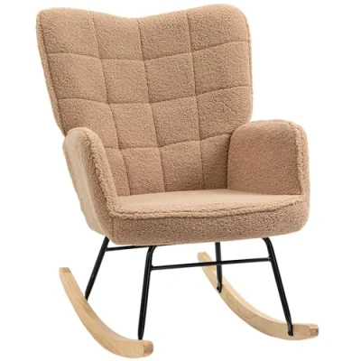 Image of HOMCOM Wingback Rocking Chair for Nursing, Berber Fleece Nursery Glider Rocker, Modern Armchair Living Room, Light Brown
