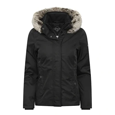 Image of LeMieux Waterproof Short Coat in Black Taped Seams 2 Way Zip Warm Rain Jacket for Horse Riding, Walking &amp; Hiking Faux Fur Detachable Trim Hood UK 8
