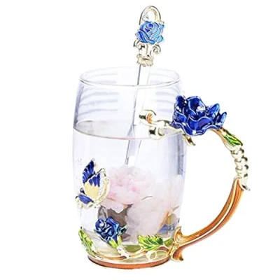 Image of YBK Tech Creative Flower Glass Mug, Crystal Clear Tea Cup Blue Rose, Tall (350ml)