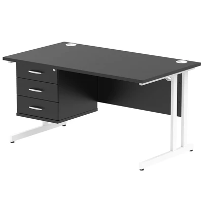 Image of Impulse 1400x800 Desk Black/White Cantilever Leg 1x3 Drawer Fixed Ped