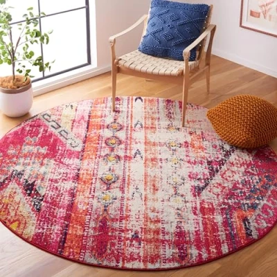 Image of Safavieh Monaco Collection 6&#039;7&quot; x Square Magenta/Multi MNC222D Boho Chic Tribal Distressed Non Shedding Living Room Bedroom Dining Home Office Area Rug