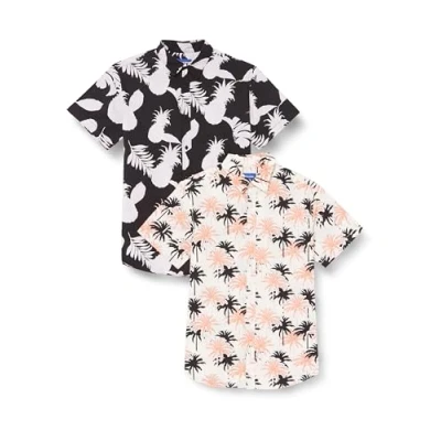 Image of JACK &amp; JONES Men&#039;s Jorjoshua Aruba AOP Shirt Ss 2pk Mp, Tap Shoe/Pack: w. Buttercream, L (Pack of 2)