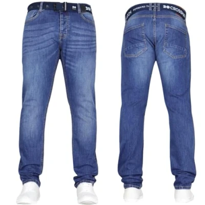 Image of Crosshatch Mens Stretch Slim Fit Jeans Denim Designer Trousers Branded Pants Free Belt by JeanBase Stone Wash 34W X 32L