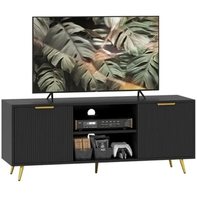 Image of HOMCOM Modern TV Stand Cabinet for TVs up to 55&quot;, Unit with 2 Open Shelves and Cabinets, Entertainment Centre Cable Management Living Room, Black
