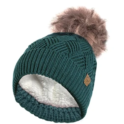Image of RockJock Ladies Warm Chunky Diamond Cable Knit Hat with Thermal Teddy Fleece Lining and Detachable Faux Fur Pompom Teal
