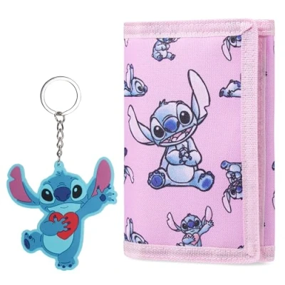 Image of Disney Stitch Kids Wallet and Keyring Gift Set Cute Trifold with Coin Purse Card Slots Keychain Gifts (Pink Stitch)