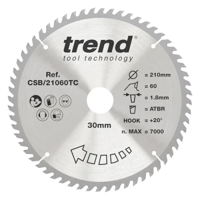 Image of Trend Wood Cordless ATBR Circular Saw Blade, 210mm Diameter, 30mm Bore, 60 Teeth, TCT, 1.8mm Kerf, +20 Hook, CSB/21060TC