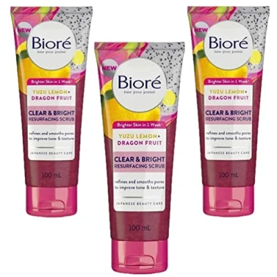 Image of 3 x Biore Clear &amp; Bright Yuzu Lemon + Dragon Fruit Exfoliating Face Scrub Vegan Oil Free Hydrate Revitalise w Natural Vitamins Minerals Soothing Cleanser for Soft Skin 100ml