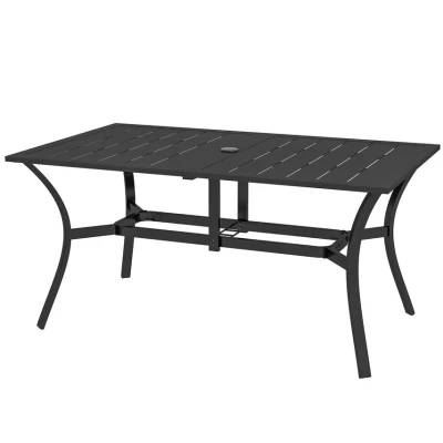 Image of Outsunny Rectangle Garden Table with Parasol Hole, Outdoor Dining for 6, Patio Steel Frame and Slat Tabletop Balcony, 150cm x 90cm, Black