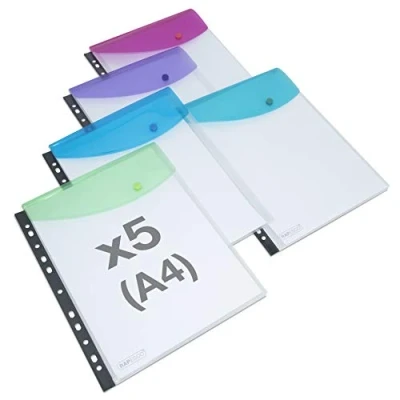 Image of Rapesco 1630 High Capacity Ring Binder Popper Wallet, A4, Transparent Assorted Colours, Pack of 5