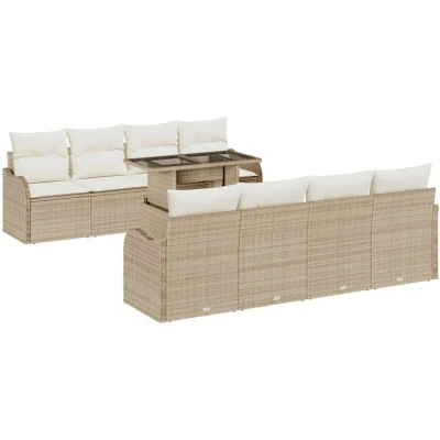 Image of vidaXL 9 Piece Garden Sofa Set with Cushions Beige Poly Rattan