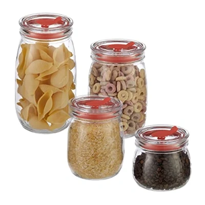 Image of Storage jars, set of 4, airtight lid, straw opening, cookie jar, cereal pickling glass, transparent Relaxdays