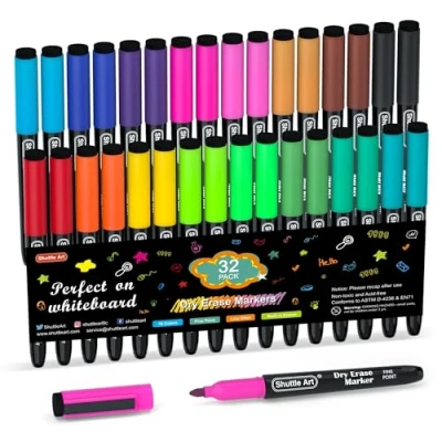 Image of Shuttle Art 32 Pack Whiteboard Pens, 16 Colours Magnetic Markers, Dry Wipe Markers with Eraser, Pens for Writing on Whiteboards, Weekly Planner, Glass School Office Home