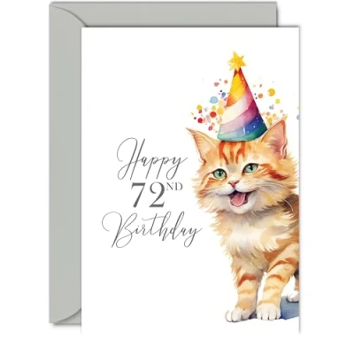 Image of 72nd Birthday Cards for Men Women Party Cat Kitten Happy Card 72 Year Old Man Woman Grandad Nan Grandma Dad Mum Uncle Auntie Cousin, A5 Bday Greeting
