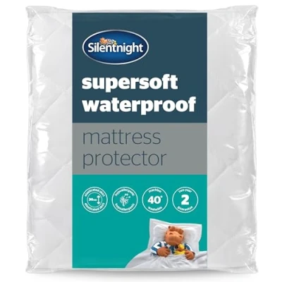 Image of Silentnight Supersoft Waterproof Mattress Protector Luxury Quilted Quiet Bed Pad Cover with Extra Deep Fitted Skirt and Protection King Size, White