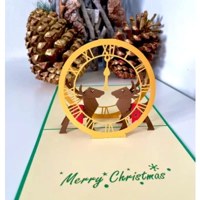 Image of Merry Christmas Elegant Reindeer Clock 3D Pop Up card.A Delightful holiday surprise greeting card gift For kids, friends, family and loved ones. decor parties.15cmx15cm