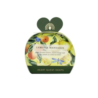 Image of The English Soap Company Packed Guest Soaps, Sandalwood Shea Butter Heart Shaped Moisturising Soaps for Face and Body, Lemon Mandarin Scent 3 x 20g