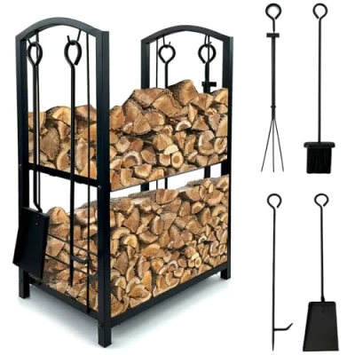 Image of Crystals 2 Tier Metal Firewood Log Holder Store Rack for Fireplace Wood Storage Shelf with 4 Tools and Hooks, Indoor Outdoor, Large, Black