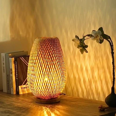 Image of GUANSHAN Bamboo Woven Table Lamp Lampshade Lighting Decorative Night Light for Bedroom, Living Room, Push Button Switch, Style 2
