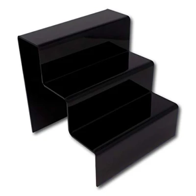Image of EPOSGEAR Three (3) Step Tier Clear or Coloured Acrylic Plastic Retail Riser Counter Display Plinth Stands Perfect for Shops, Stalls, Ornaments, Models etc (Black, Large)