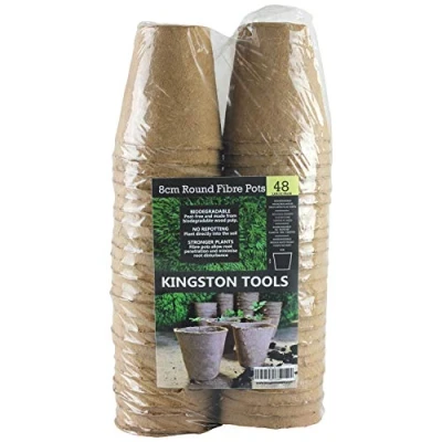 Image of Kingston Tools Round Fibre Pots 8cm Gardening Pot — Peat Free Biodegradable Wood Pulp Ideal for Seeds, Seedlings and Cutting Pack of 48