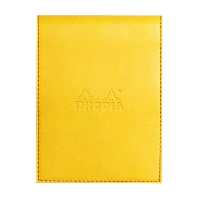 Image of RHODIA 128216C Clipboard Case + Stapled Notepad N12 Jonquille 8.5x12 cm Lined 80 Detachable Sheets 80G White Clairefontaine Paper Pencil Holder Faux Leather Rhodiarama Collection