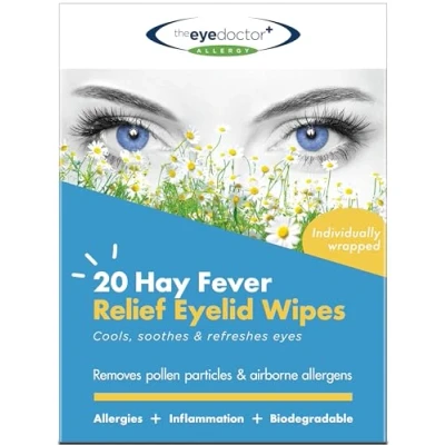 Image of The Eye Doctor Hay Fever Relief Eyelid Wipes 20x Single Use for Allergy &amp; Hayfever Inflammation, Watery Itchy Eyes, Headaches Migraines Cooling Soothing