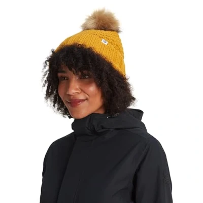 Image of TOG24 Keeley Bobble Hat. Womens Hat with Faux Fur Pom Pom. Textured Knit Inner Rib Turn Up. That Looks Perfect Any Outfit Golden Yellow