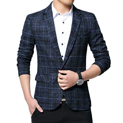Image of YOUCAI Mens Tweed Check Suit Slim fit Long Sleeve Blazer Jacket Casual One Button Suits Coat Business Jackets Notch Lapel Suits,Blue,M