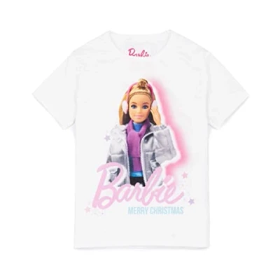 Image of Barbie Girls T Shirt in White Merry Christmas Graphic Tee for Children Cute Seasonal Winter Fashion Short Sleeve Lightweight Top Festive Holiday Fun Merchandise Gift Her