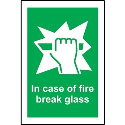 Image of In case of fire break glass safety sign Self adhesive sticker 200mm x 150mm