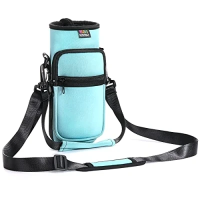Image of Nuovoware Water Bottle Carrier Bag, 25oz/32oz Pouch Holder, Adjustable Shoulder Hand Strap 2 Pocket Sling Neoprene Sleeve Sports Bag for Men Women Hiking Travelling, Dusty Blue