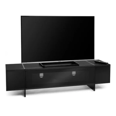 Image of AVF Edge TV Stand Unit Modern Rectangular Floor For Up to 80&quot; TVs, With Closed Storage Glass Doors and Wood Effect Top (Black)
