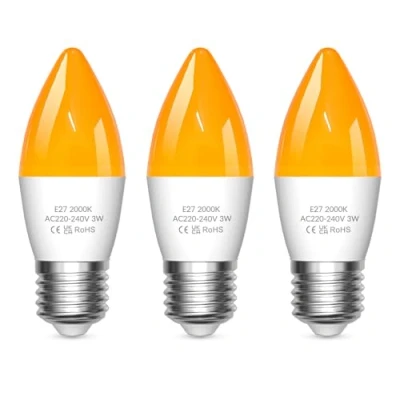 Image of Lamptobe Amber Light Bulbs 2000K, E27 C35 ES LED Large Screw Candle 3W Yellow Soft Warm Sleep Bulb Blue Blocking for Bedroom,Healthy Sleep, Baby Nursery Light, Night Bulb, 3 Pack