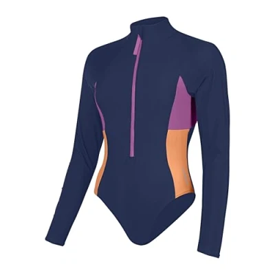 Image of Speedo Women&#039;s Long Sleeve Zip Colourblock 1 Piece Swimsuit One Swim Fitness, Cerulean Blue, XL