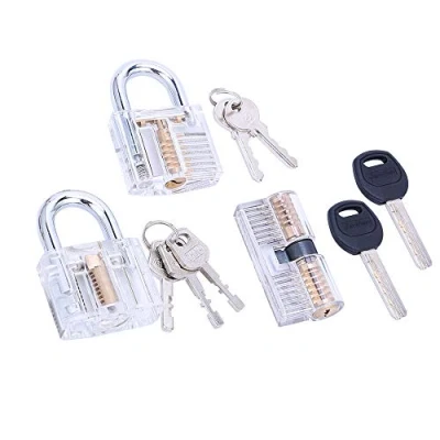 Image of Loboo Idea 3 Piece Practice Lock Set for Beginner and Pro Locksmiths, Transparent Training Cutaway Crystal Pin Tumbler Keyed Padlock, Blade AB Kaba Cylinder (3 Pack, Padlock)