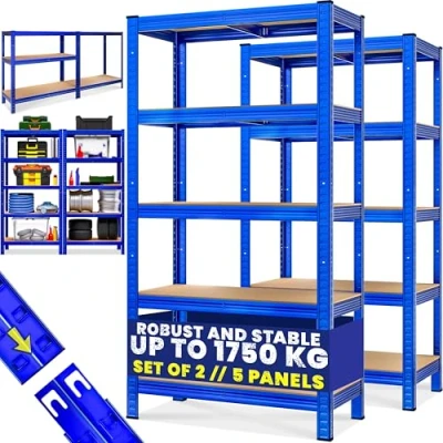 Image of Monzana® Set of 2 Garage Shelves 5 Tier Industrial Racking Heavy Duty Free Standing Plug In Shelving Units Warehouse Shed Workshop 875KG Capacity Blue 180x90x40cm