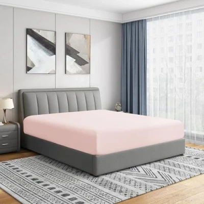 Image of Cathay Home Luxury Wrinkle and Fade Resistant Double Brushed Ultra Soft Microfiber 14 Inch Standard Pocket Single Fitted Sheet, Blush, Twin