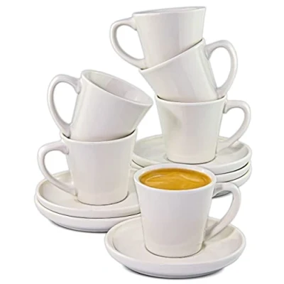 Image of Cosumy Espresso Cup and Saucer Set of 6 White Ceramic 70ml / 2.36oz Stackable Design Keeps Warm for a Long time Gift Box