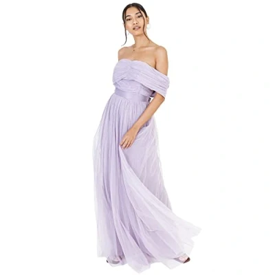 Image of Womens Ladies Maxi Dress Bardot Off Shoulder with Belt Long Empire Waist for Wedding Guest Prom Evening Gown Bridesmaid Dusty Lilac Size 12