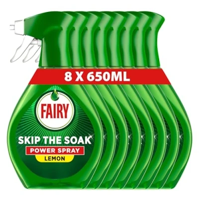 Image of Fairy Skip The Soak Power Spray Lemon 8 x 650ml, Pre Treatment For Dishes &amp; Kitchen, Effective On 100% Kitchen Grease, Anti Grease Remover, Degreaser Spray, Fast Effortless Clean